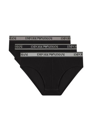 Set di tre slip da uomo neri con elastici in vita grigi, caratterizzati dal logo Emporio Armani e dall'emblema dell'aquila in nero.