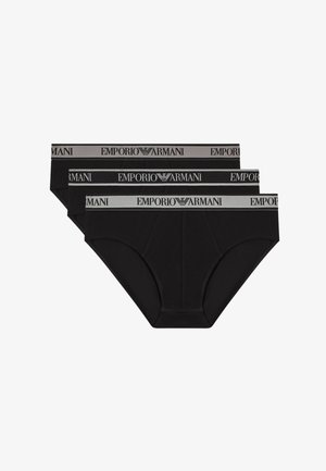 Set di tre slip da uomo neri con elastici in vita grigi, caratterizzati dal logo Emporio Armani e dall'emblema dell'aquila in nero.