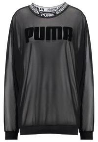 Schwarzes Mesh-Sweatshirt mit langen Ärmeln und geripptem Rundhalsausschnitt, versehen mit weißen Markenakzenten und einem auffälligen schwarzen "PUMA"-Logo auf der Vorderseite.