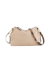 Beżowa skórzana torba na ramię o zaokrąglonym kształcie, z odpinanym paskiem o wzorze w węża oraz złotymi akcentami sprzętowymi.