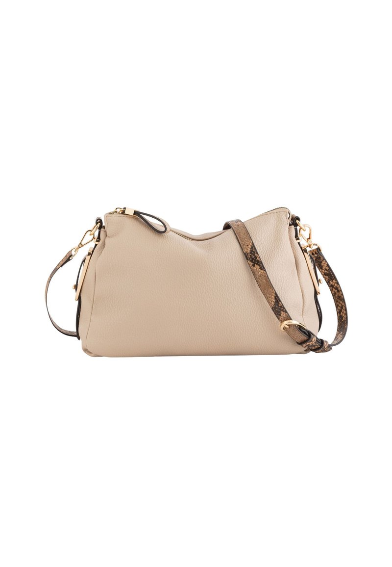 Beżowa skórzana torba na ramię o zaokrąglonym kształcie, z odpinanym paskiem o wzorze w węża oraz złotymi akcentami sprzętowymi.