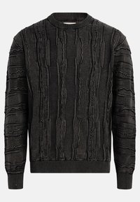 Black sweater with a textured surface featuring raised, wavy patterns. Ribbed crew neckline and cuffs, offering a fitted silhouette.