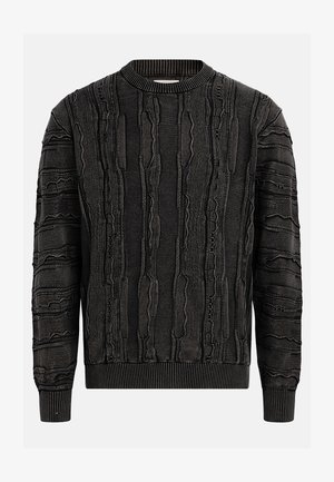 Black sweater with a textured surface featuring raised, wavy patterns. Ribbed crew neckline and cuffs, offering a fitted silhouette.