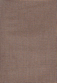 Vävt tyg med ett brunt, marinblått och krämfärgat rutor mönster med liten hounds-tooth design. Slät textur, medelhård vikt.