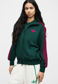 Νέα γυναίκα με μακριά σκούρα μαλλιά που φοράει πράσινο φούτερ με φερμουάρ Adidas με ροζ ρίγες και λευκό παντελόνι με πράσινο λογότυπο Adidas.