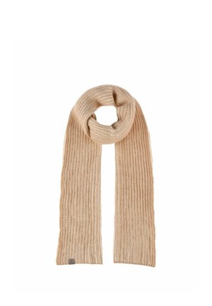 Beige rib-knit scarf folded with one end looped, showing soft, cozy texture and a small rectangular tag on one corner.