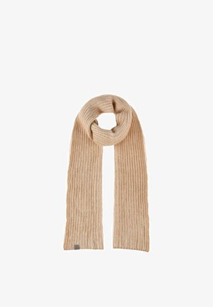 Beige rib-knit scarf folded with one end looped, showing soft, cozy texture and a small rectangular tag on one corner.