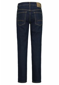 Jeans de mezclilla azul oscuro con un diseño de pierna recta, costuras visibles de un tono más claro y dos bolsillos traseros con solapas angulares.