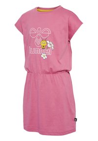 Rosas Baumwollkleid mit kurzen Ärmeln, elastischem Taillenbund und einem Aufdruck eines Charakters mit Blumen. Es hat einen runden Ausschnitt und ein Logo-Detail.