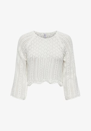 Suéter corto blanco con un patrón texturizado de punto, mangas raglán anchas y dobladillo en forma de ondas. Presenta un diseño de tejido abierto en toda la prenda.