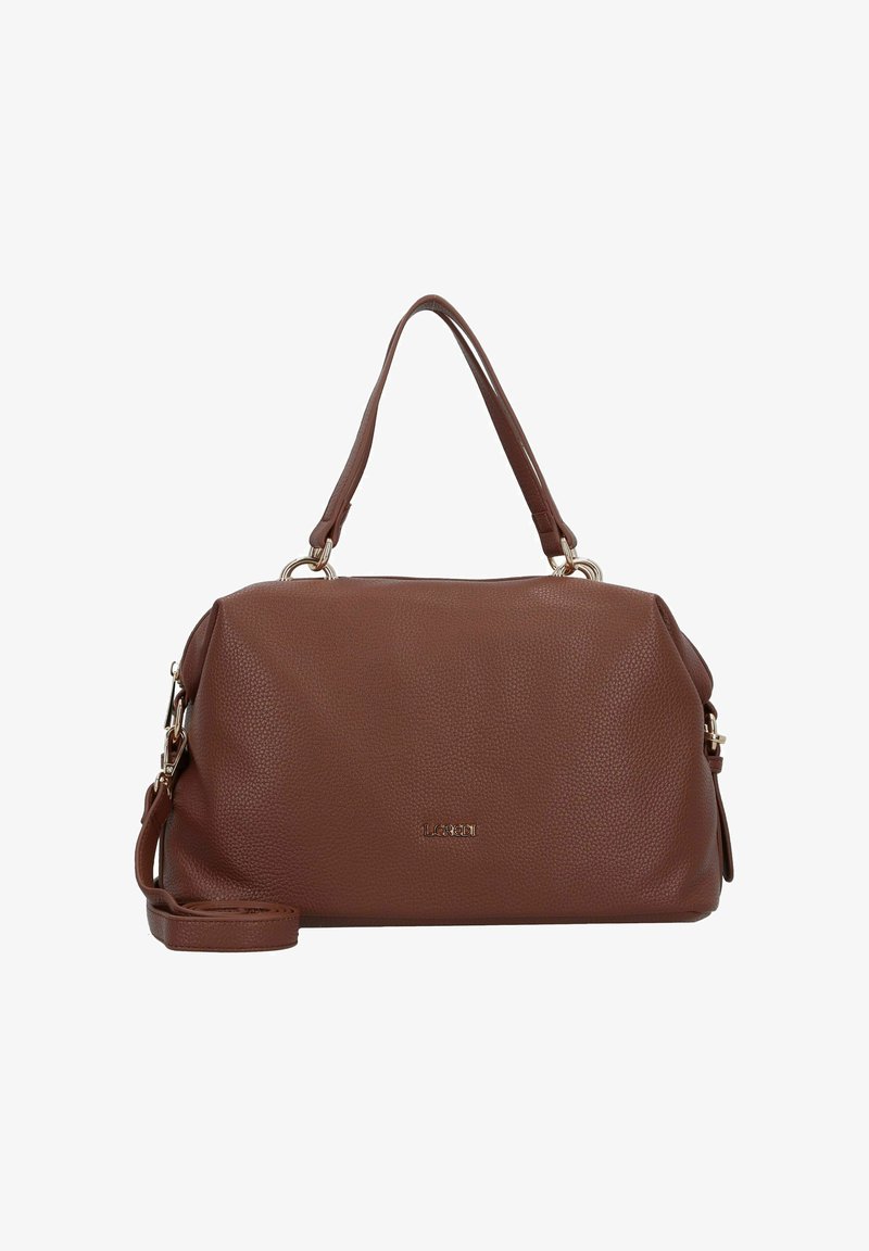 Brown leather handbag with a textured finish, dual handles, and a removable shoulder strap. Features gold hardware and embossed logo.