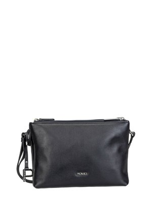 Schwarze rechteckige Umhängetasche aus Leder mit silbernem Reißverschluss, verstellbarem Riemen und kleinem Metalllogo vorne.