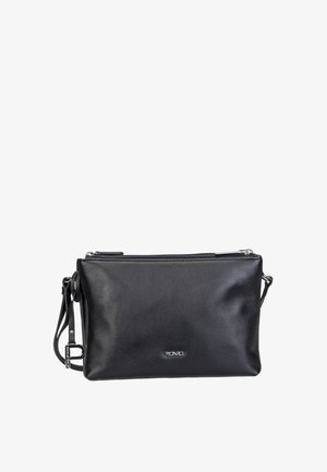 Black leather rectangular crossbody bag with silver zipper, adjustable strap, and small front metal logo.