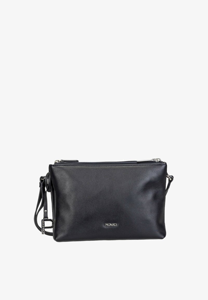 Sac bandoulière rectangulaire en cuir noir avec fermeture éclair argentée, sangle ajustable et petit logo métallique à l'avant.