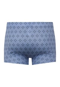 Blauwe boxershorts met een geometrisch patroon en gele en grijze accenten, gemaakt van zachte stof met een gladde textuur.