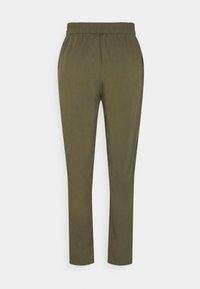 Pantalons vert olive avec une taille élastique, design fuselé et poches latérales. Fabriqués en tissu lisse avec une texture uniforme.