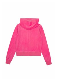 Rausvas, purus huoodas su trumpu dizainu, lygia tekstūra, suspaustomis rankovėmis ir apvadu, vaizduojantis nugarinį vaizdą be matomų žymių.