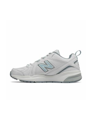 White athletic shoe with light blue accents. Features a smooth leather upper, breathable mesh detailing, and a cushioned sole for support.