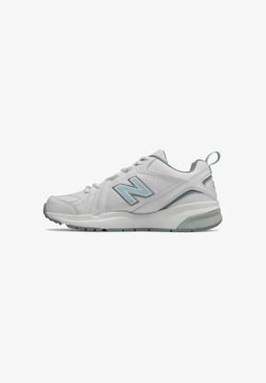 White athletic shoe with light blue accents. Features a smooth leather upper, breathable mesh detailing, and a cushioned sole for support.