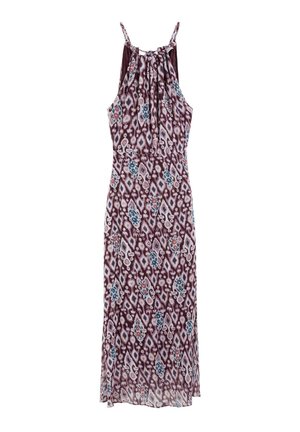 Mouwloze maxi-jurk met dunne bandjes, met een abstract geometrisch en bloemmotief in bordeauxrood, blauw en wit.