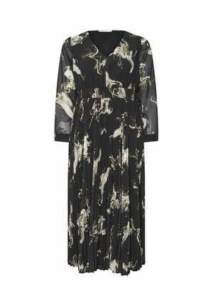 Robe noire plissée avec un décolleté en V et des manches longues transparentes, arborant un motif abstrait blanc et beige sur l'ensemble. Détail de taille élastique.