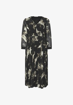 Zwarte geplooide jurk met een v-hals en doorschijnende lange mouwen, met een wit en beige abstract patroon erdoorheen. Elastische tailleband.