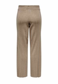 Pantalones de pierna ancha en color beige, fabricados en suave material de punto acanalado, con rayas verticales y una cinturilla elástica para mayor comodidad.