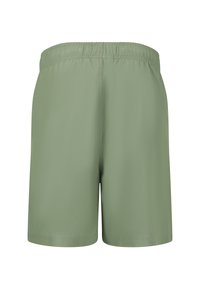 Gröna shorts med platt midja, tillverkade av ett lätt tyg. Enkelt design utan fickor eller dekorationer, med en smidig textur.