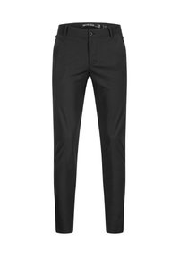 Pantaloni neri con un design a vestibilità aderente, realizzati in tessuto liscio. Presentano una chiusura frontale con bottoni e tasche laterali angolate.