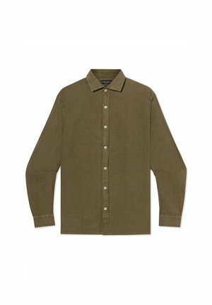 Olijfgroen overhemd met lange mouwen, kraag en witte knopen, plat neergelegd met voorkant zichtbaar.