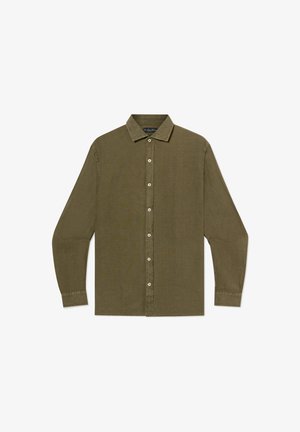 Olijfgroen overhemd met lange mouwen, kraag en witte knopen, plat neergelegd met voorkant zichtbaar.
