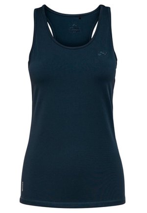 Mørkeblå ærmeløs atletisk tanktop med rund halsudskæring og slank pasform, designet til kvinder.