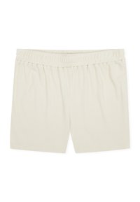 Beige Shorts aus strukturiertem Stoff mit elastischem Bund, ohne sichtbare Taschen oder Verzierungen, flach auf weißem Hintergrund liegend.