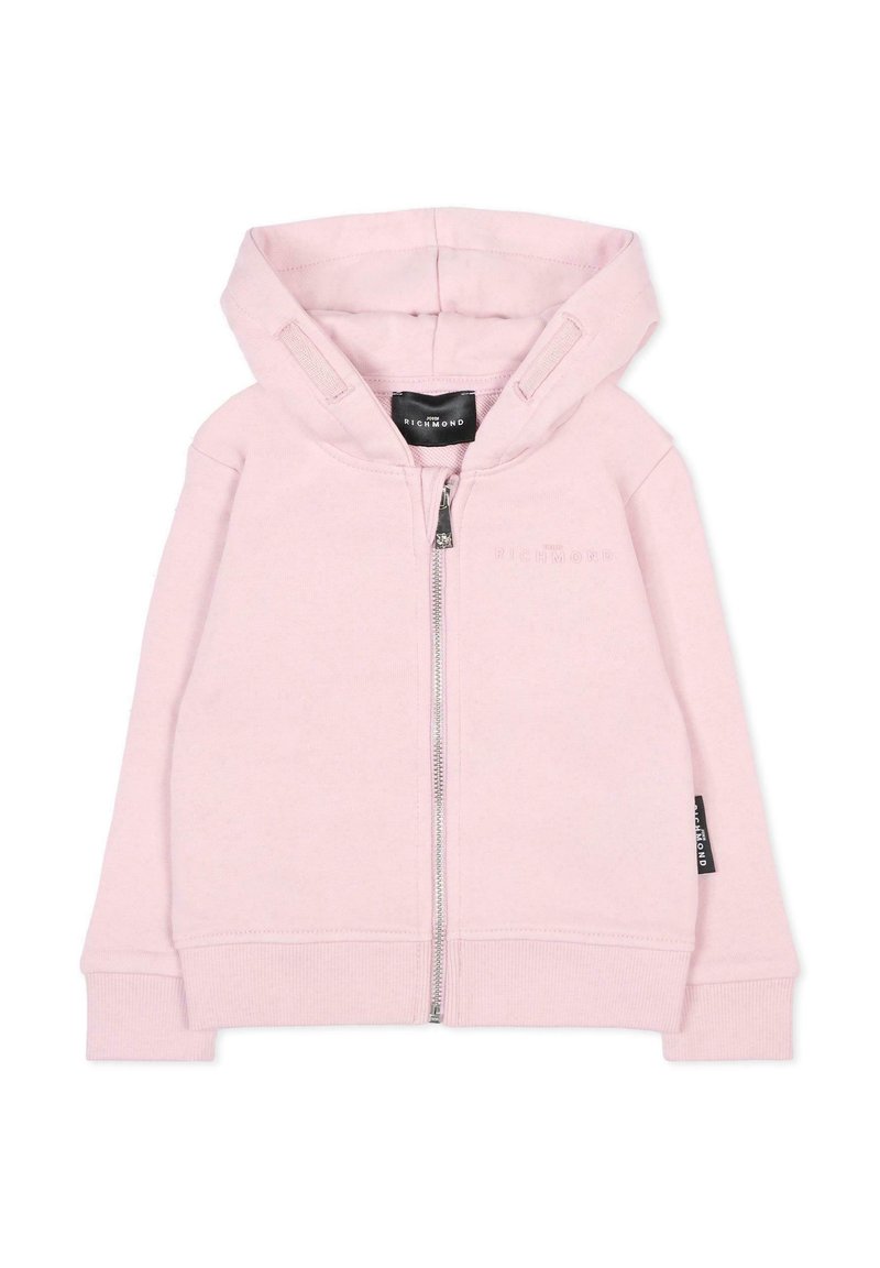 Sweat à fermeture éclair rose pâle fabriqué en doux mélange de coton. Il comprend une capuche, une poche kangourou, des poignets côtelés et un logo sur la poitrine.
