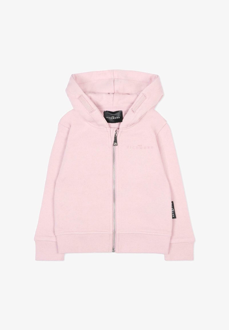 Sweat à fermeture éclair rose pâle fabriqué en doux mélange de coton. Il comprend une capuche, une poche kangourou, des poignets côtelés et un logo sur la poitrine.