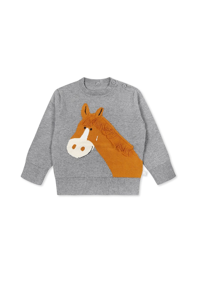 Maglione grigio a maglia con design di cavallo, con accenti arancioni e bianchi. Collo rotondo, maniche lunghe e dettaglio con due bottoni sulla spalla.