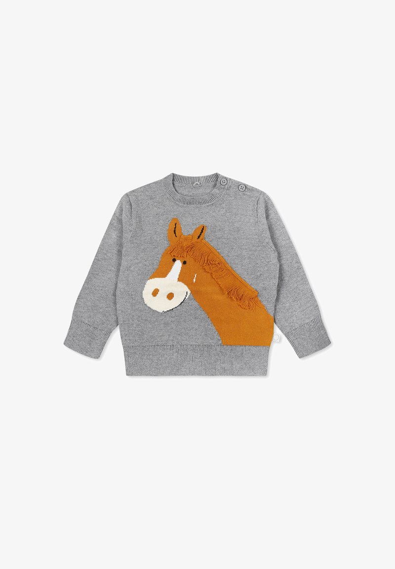 Maglione grigio a maglia con design di cavallo, con accenti arancioni e bianchi. Collo rotondo, maniche lunghe e dettaglio con due bottoni sulla spalla.