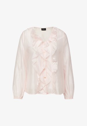 Blouse rose pâle à manches longues avec devant à volants et boutons en perle, en tissu satiné brillant.