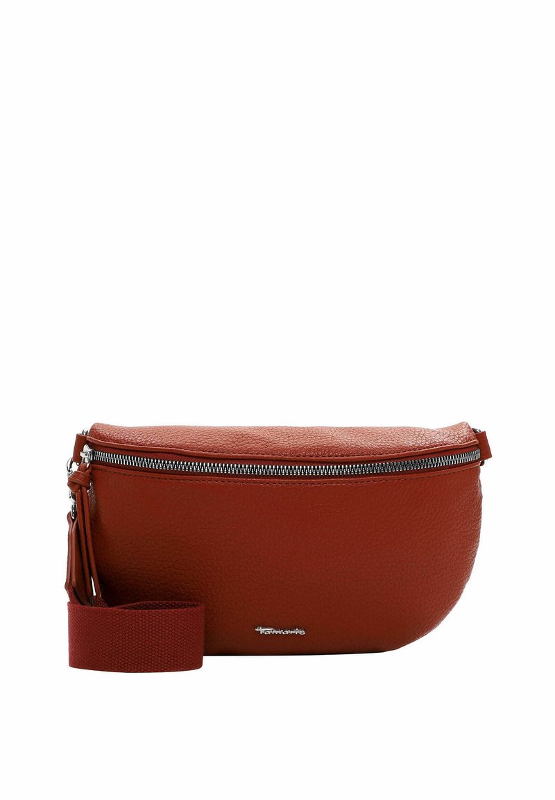 Borsa a tracolla rossa in pelle con finitura testurizzata, chiusura con zip e tracolla removibile. Caratterizzata da un accento con nappina e una forma ovale compatta.