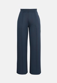 Pantalon large bleu marine taille haute avec plis sur le devant, conçu pour une coupe ajustée.
