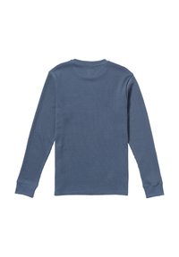 Camisetta a maniche lunghe in morbido tessuto a costine, con colletto a girocollo e color grigio blu. Sul retro presenta cuciture lisce e polsini aderenti.