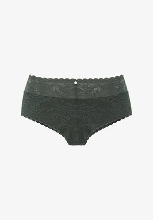 Slip hipster in pizzo verde scuro con bordi scallop, motivo floreale e un piccolo bottone decorativo sul retro.
