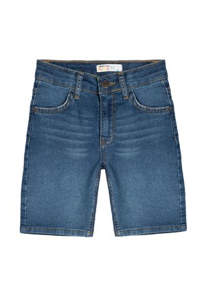 Shorts de mezclilla para niños en azul oscuro con un corte ajustado, que cuentan con cinco bolsillos, costuras amarillas en contraste y cierre de botón.