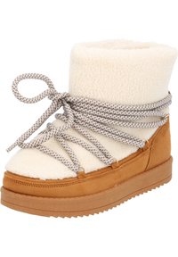 Béžové semišové kotníkové boty s krémovým umělým kožešinovým lemováním, vzorovanou tkaničkou a gumovou podrážkou. Mají zaoblenou špičku a měkký manžetový vršek.