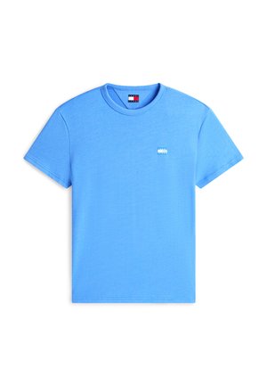 T-shirt en coton bleu clair à manches courtes, col rond, avec un petit logo rectangulaire sur la poitrine et à l'intérieur du col.