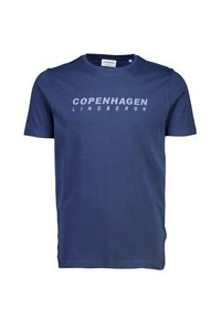 Marineblå bomulds t-shirt med "COPENHAGEN" i hvid tekst, rund hals, korte ærmer og en afslappet pasform.