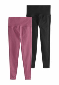 Dwie pary dopasowanych legginsów sportowych: jedna w ciemnoróżowym kolorze z prążkowanym pasem, druga w jednolitym czarnym kolorze z gładkim pasem.