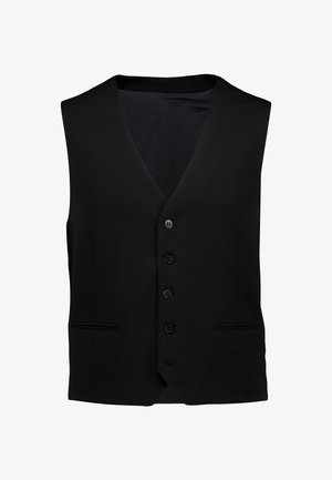 Schwarze Weste mit V-Ausschnitt, fünf Knöpfen vorne und zwei Seitentaschen. Hergestellt aus glattem Stoff mit tailliertem Schnitt.