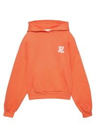 Orange hoodie with a front pocket, oversized fit, and ribbed cuffs. Features "Cute but Wild" text printed on the chest in white.