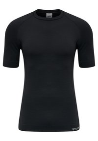 Czarny, krótki rękaw, dopasowany t-shirt sportowy z delikatnym poziomym prążkowaniem i małym, jasnoszarym logo w pobliżu dolnego końca.